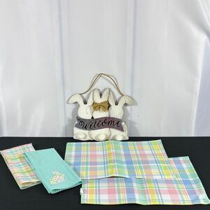 Pastel Plaid Placemats, Decorative Towels and Bunny Decor Set - Pastel Multi